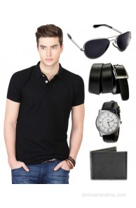 Haltung Cotton Black Polo T-shirt with Wallet-Belt-Watch-Sunglass